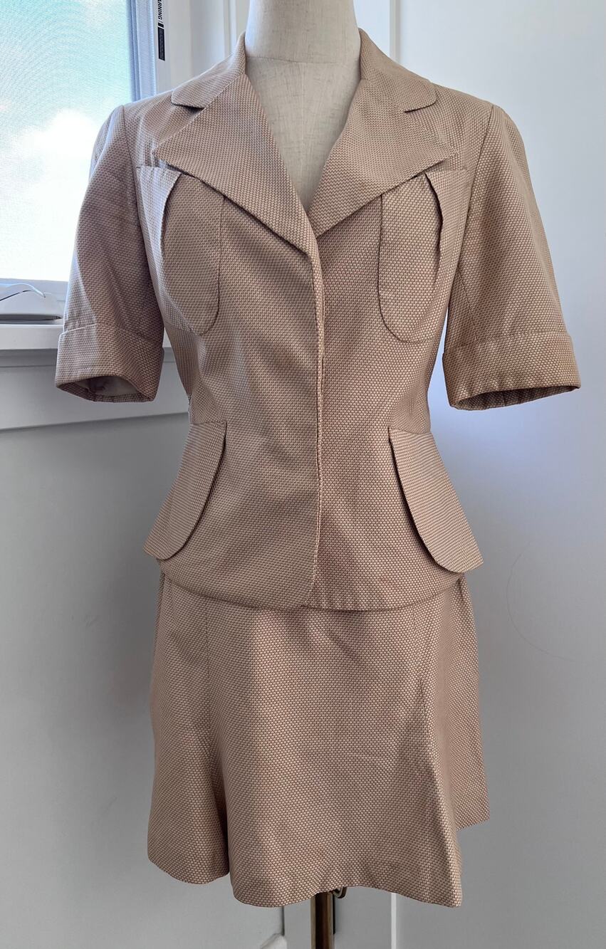 Vintage 1990s Vivienne Westwood Milan Champagne Chevron Peplum Skirt Suit IT 42